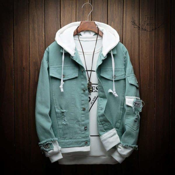 Men's Urban Layered Distressed Denim Hoodie Jacket - Casual Streetwear Style