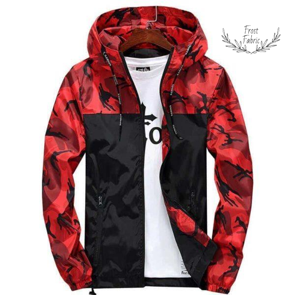 Men's Vibrant Red Camouflage Windbreaker Jacket Lightweight Streetwear Hooded Coat
