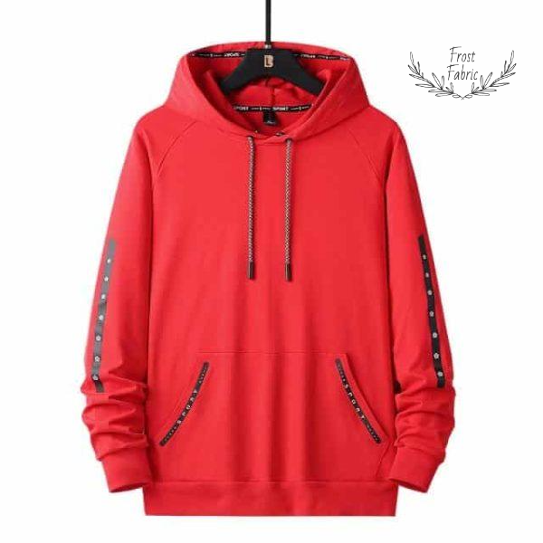 Men's Vibrant Red Streetwear Hoodie: Casual Pullover with Decorative Sleeve Stripes