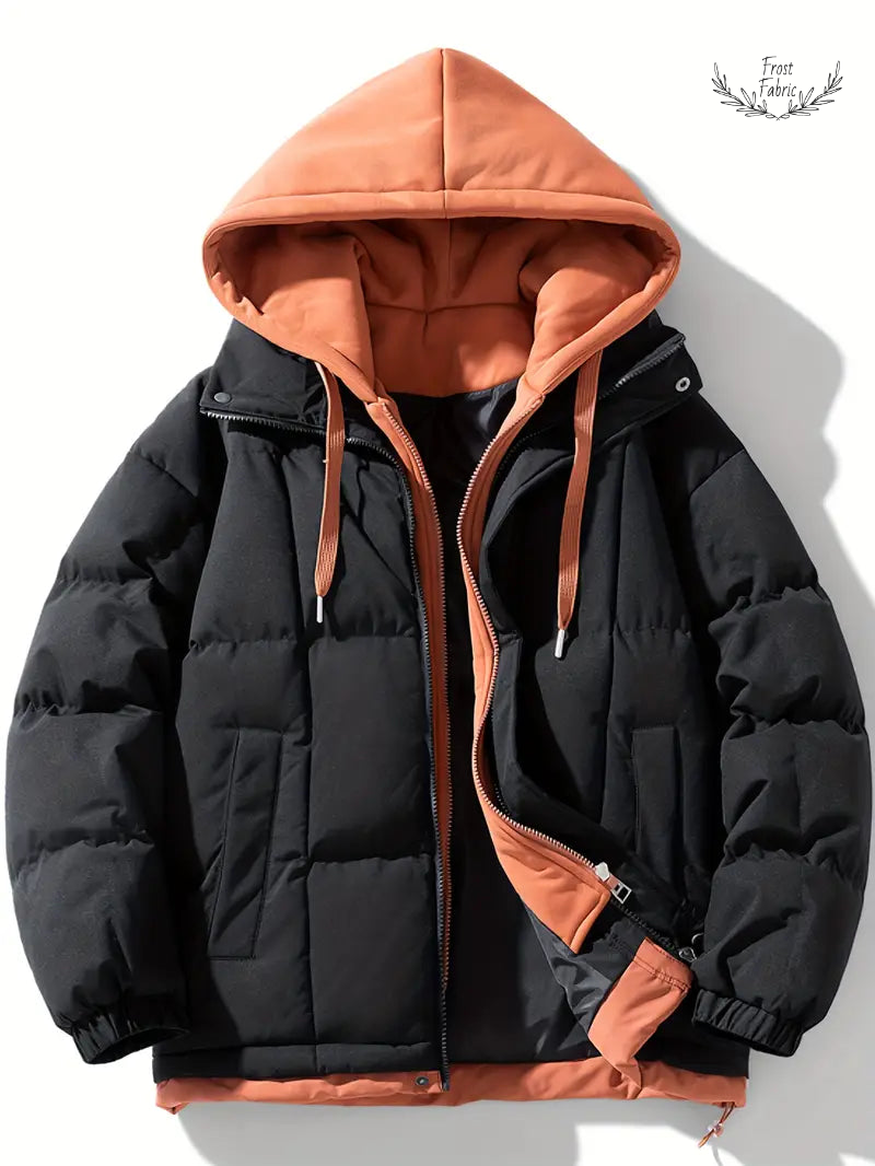 Men's Warm Insulated Two-Tone Puffer Jacket with Built-in Hoodie