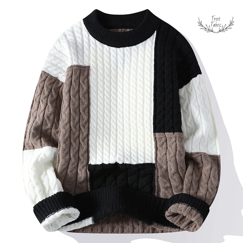 Men's Warm Stylish Patchwork Knit Pullover Sweater | Cozy Winter Fashion Top