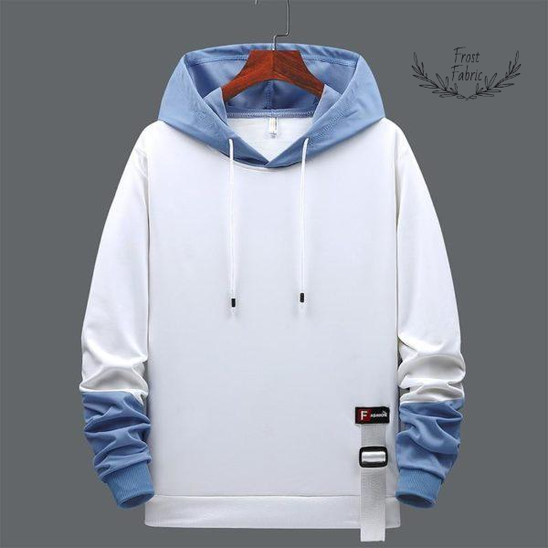 Men's White Blue Color-Block Hoodie: Modern Streetwear Pullover with Drawstring Hood