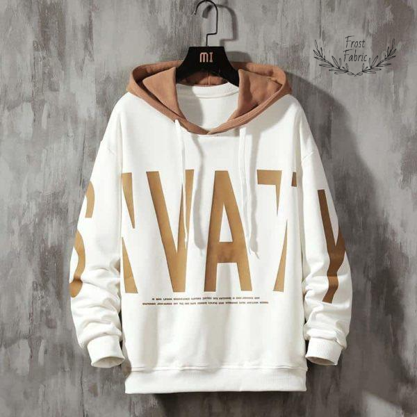 Men's White Brown Graphic Hoodie: Dual-Tone Hood, Bold Streetwear Print