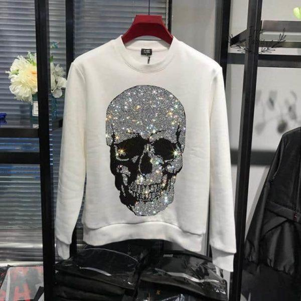 Men's White Crystal Rhinestone Skull Sweatshirt - Luxury Streetwear Pullover