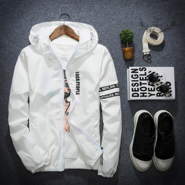 Men's White Lightweight Hooded Windbreaker Jacket - Casual Streetwear Coat