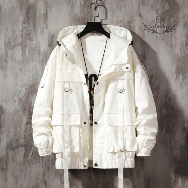 Men's White Utility Cargo Jacket: Streetwear Windbreaker with Multi Pockets