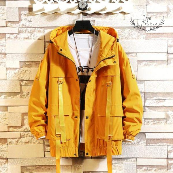 Men's Yellow Streetwear Utility Hooded Windbreaker Jacket - Durable Urban Outerwear
