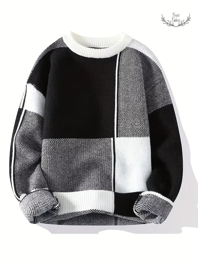 Modern Geometric Block Sweater: Black, White & Gray Patchwork Knit