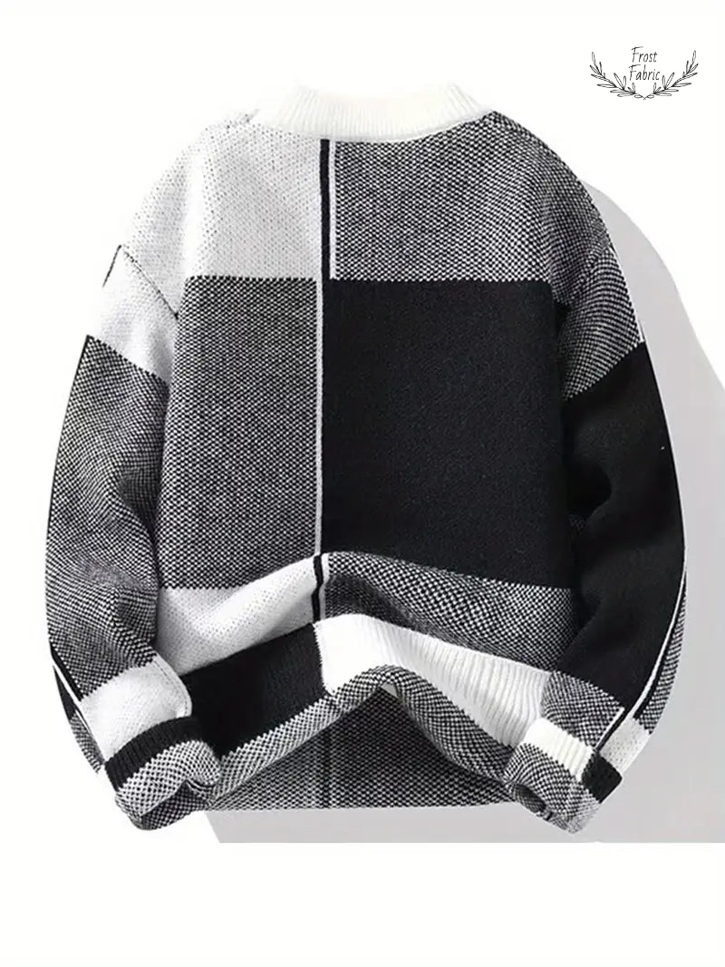Modern Geometric Block Sweater: Black, White & Gray Patchwork Knit