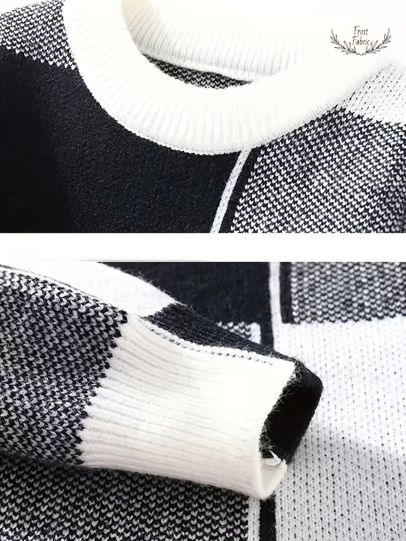 Modern Geometric Block Sweater: Black, White & Gray Patchwork Knit