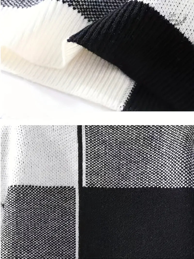 Modern Geometric Block Sweater: Black, White & Gray Patchwork Knit