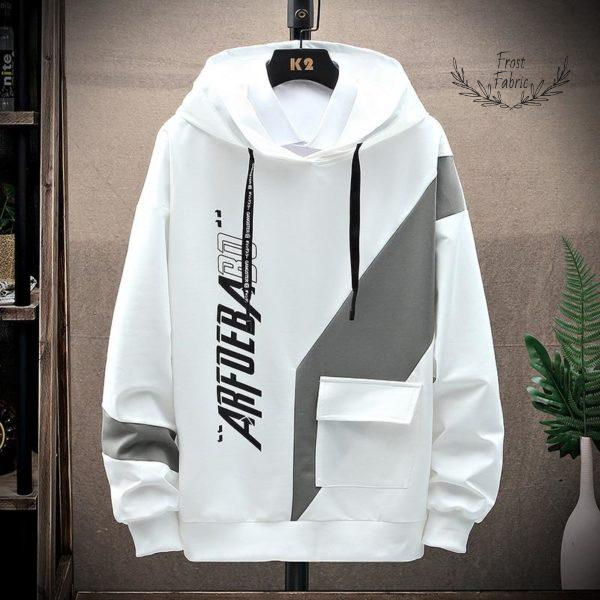 Modern White Streetwear Graphic Hoodie: Oversized Fit, Geometric Panel, Utility Pocket