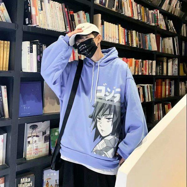 Oversized Blue Anime Graphic Hoodie: Streetwear Pullover for Men & Women