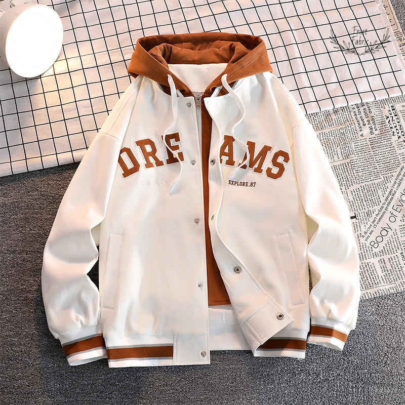 Premium Varsity Baseball Jacket Men's Trendy Autumn Hooded Outerwear Plus Size