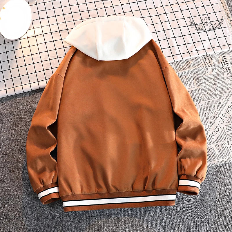 Premium Varsity Baseball Jacket Men's Trendy Autumn Hooded Outerwear Plus Size
