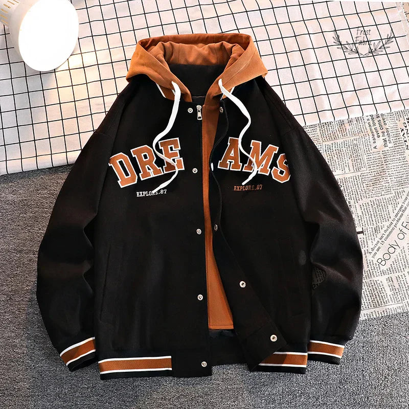 Premium Varsity Baseball Jacket Men's Trendy Autumn Hooded Outerwear Plus Size
