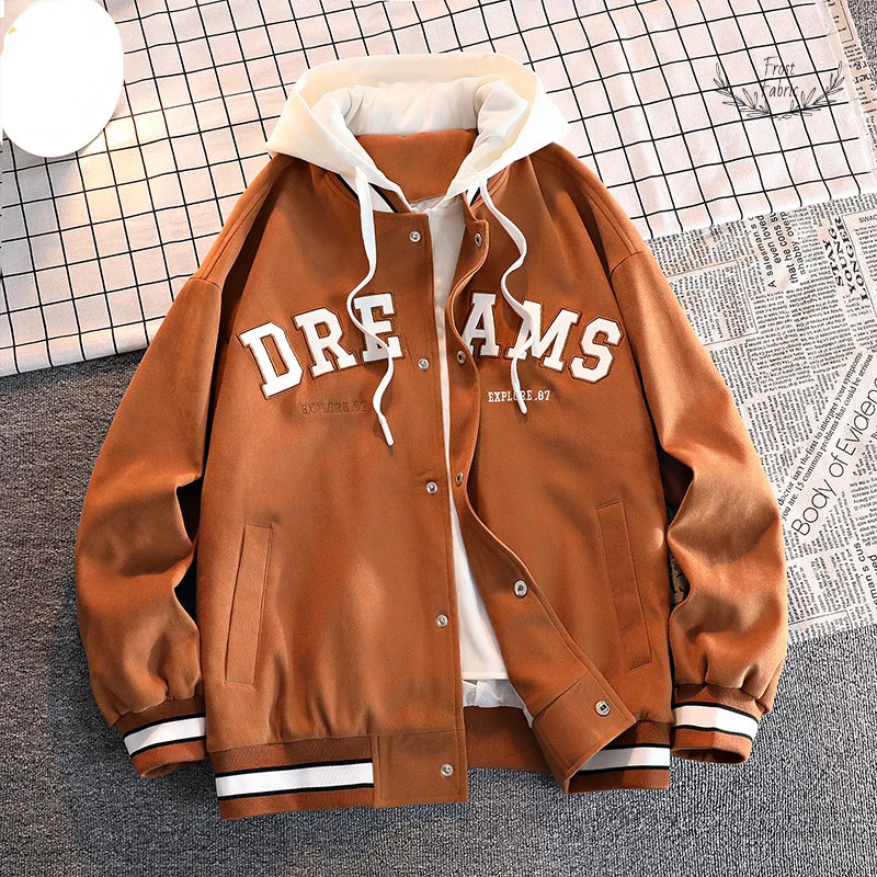 Premium Varsity Baseball Jacket Men's Trendy Autumn Hooded Outerwear Plus Size