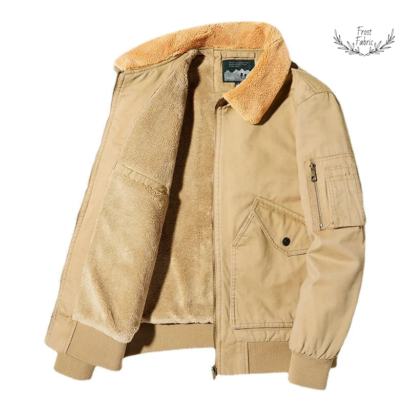 Sand Sherpa Collar Utility Bomber Jacket: Warm Lined Winter Coat