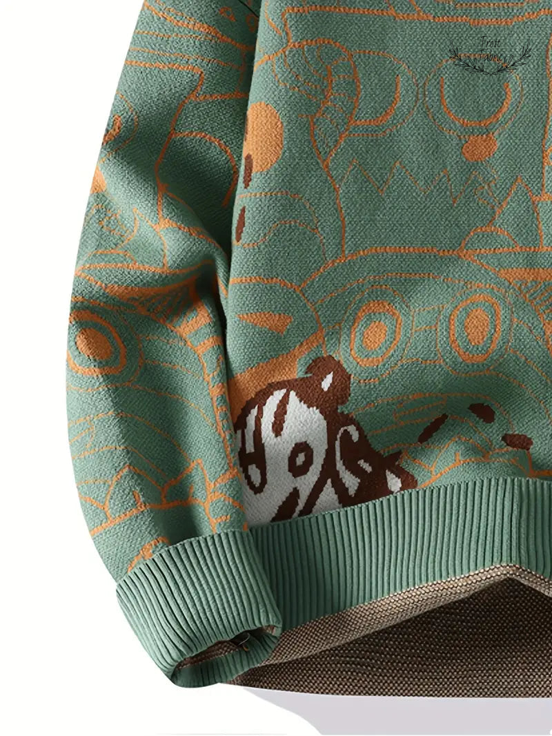 Soft Abstract Jungle Knit Sweater: Green Orange Patterned Relaxed Fit