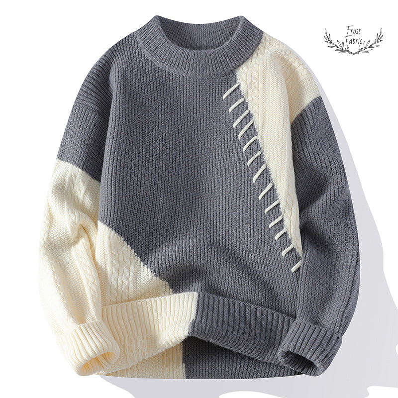 Soft Unisex Patchwork Cable Knit Sweater - Grey Cream Winter Pullover