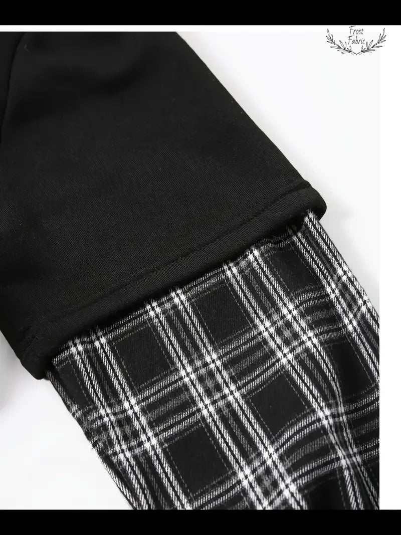Stylish Black Plaid Layered Hoodie: Fashion Patchwork Streetwear Sweatshirt for Men