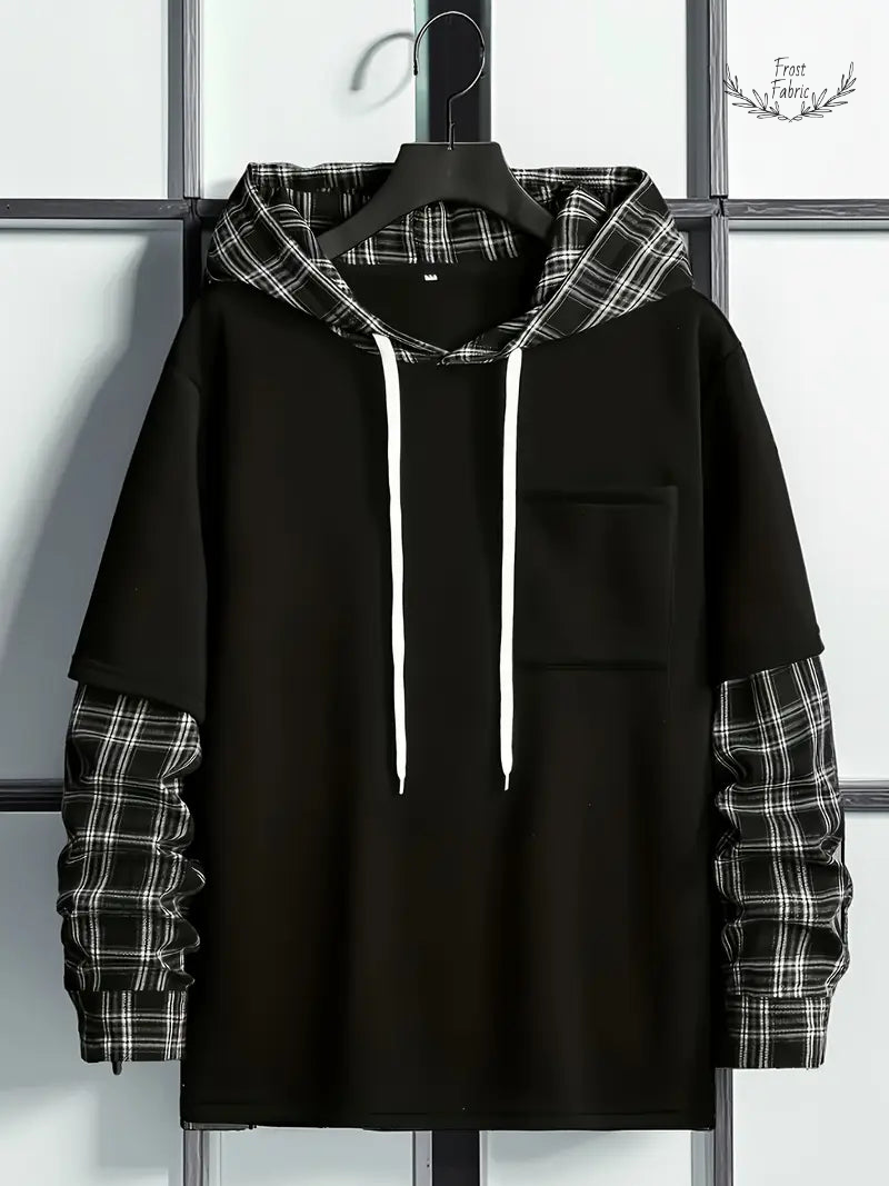 Stylish Black Plaid Patchwork Hoodie for Men - Streetwear Layered Design