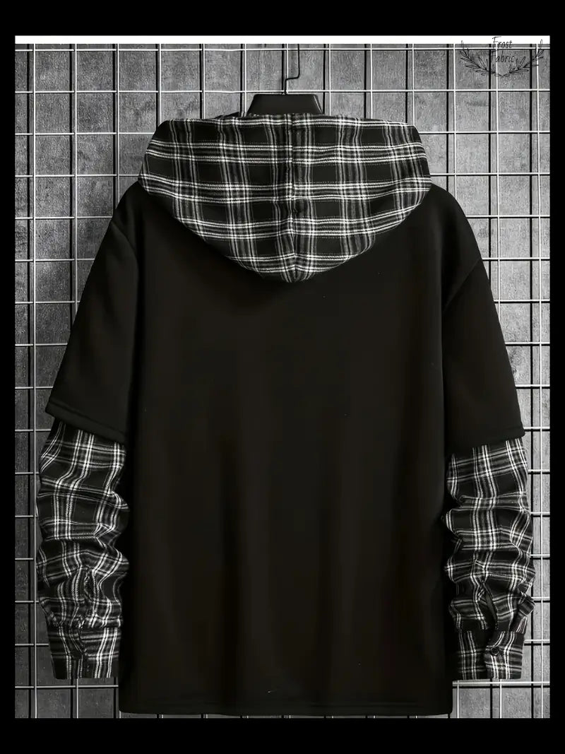 Stylish Black Plaid Patchwork Hoodie for Men - Streetwear Layered Design
