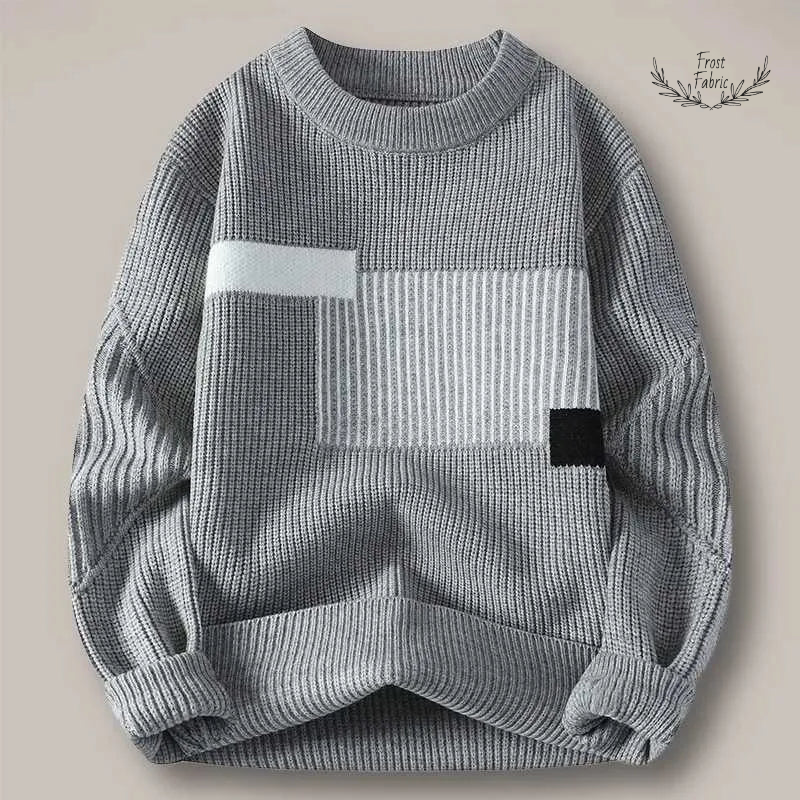 Stylish Geometric Knit Sweater: Cozy Grey Winter Pullover for Unisex Comfort
