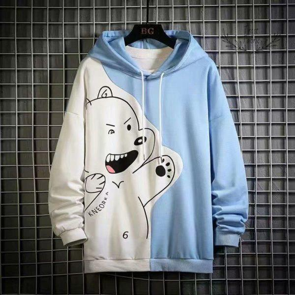 Stylish Two-Tone Bear Graphic Hoodie: Soft Cotton Blend Streetwear Pullover