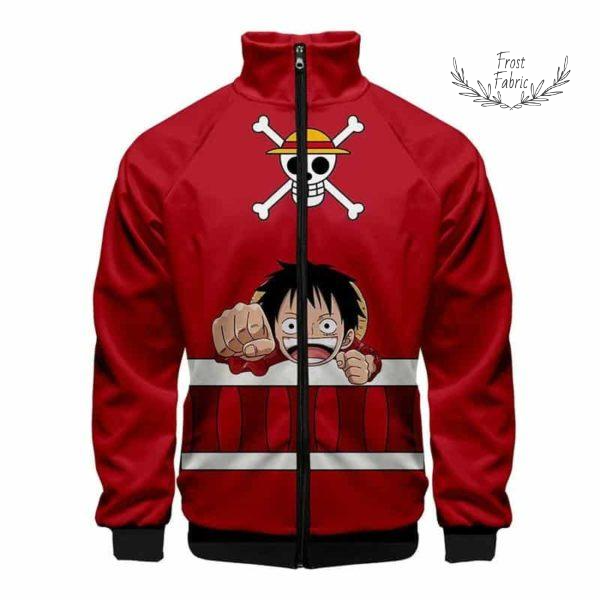Vibrant Red Anime Track Jacket with Punch Graphic & Pirate Skull Design