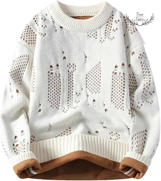 Warm Cozy Unisex Cream & Brown Fleece-Lined Knit Pullover Winter Sweater