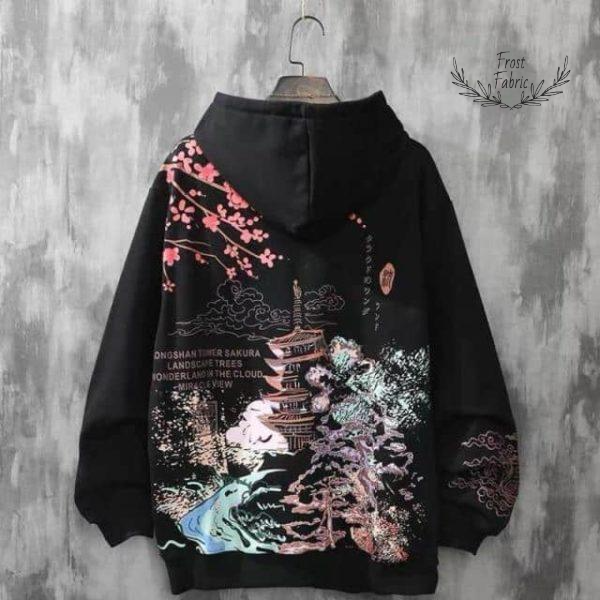 Wonderland Japanese Art Graphic Hoodie Streetwear Pullover with Scenic Back Print